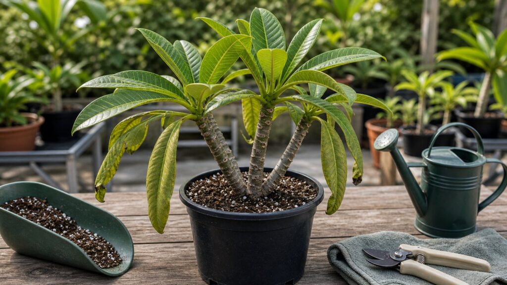 Recently transplanted potted plumeria with mild lower leaf droop