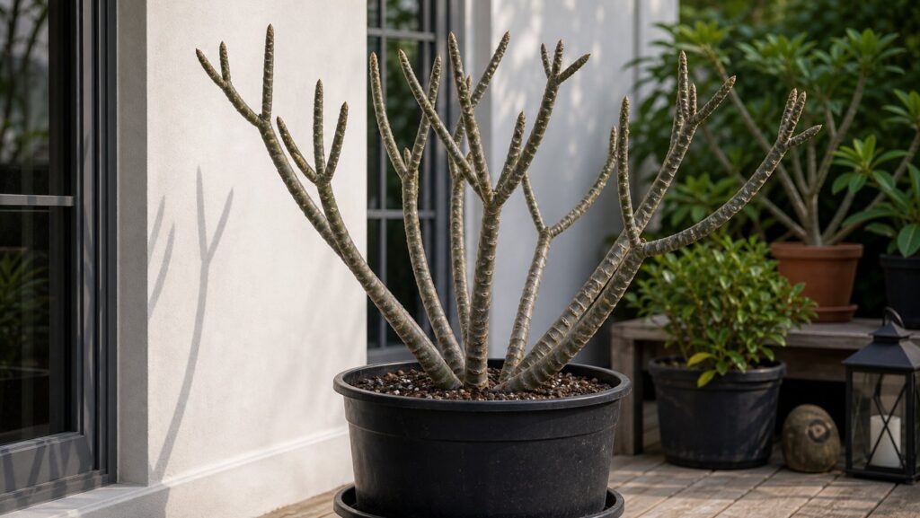 Dormant potted plumeria with firm bare branches in soft daylight