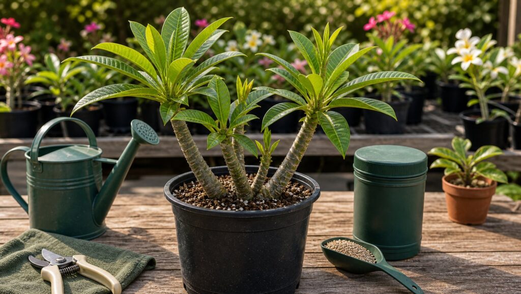 Actively growing potted plumeria with plain fertilizer scoop nearby