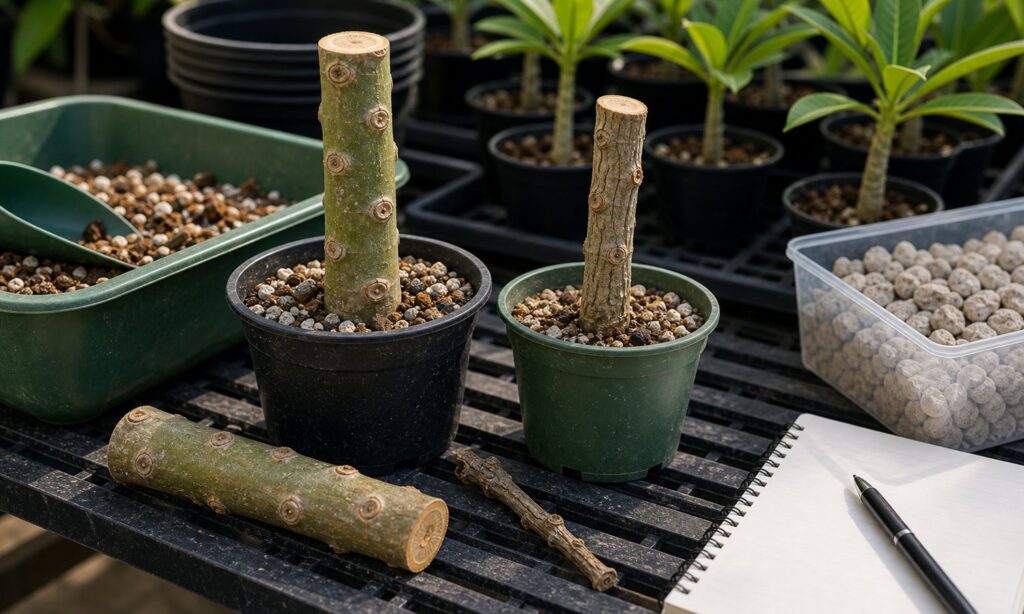 Plumeria cuttings comparison with healthy callused and failed shriveled cuttings