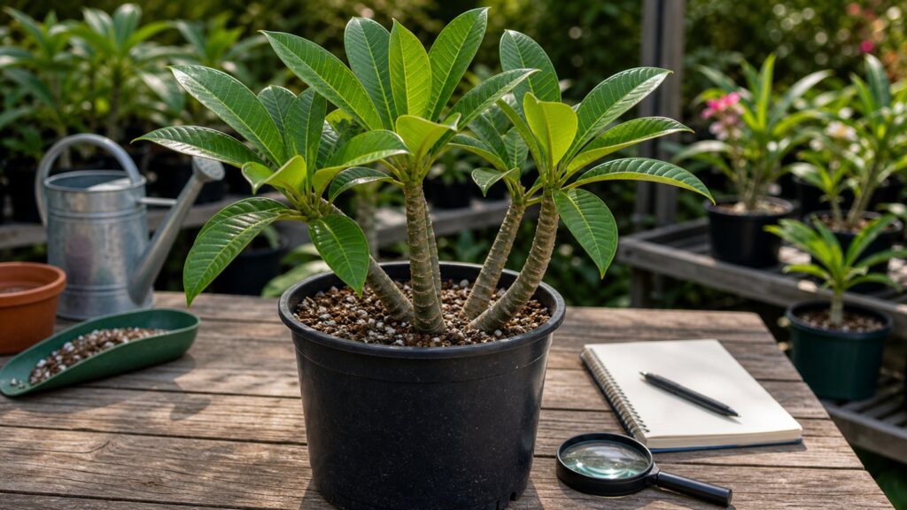 Healthy leafy potted plumeria without flowers prepared for bloom diagnosis