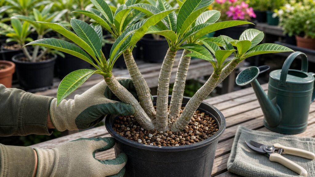 Gloved hands gently checking lightly wrinkled but firm plumeria stems